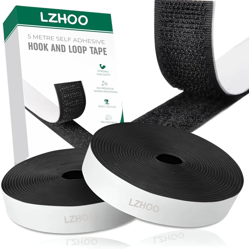 LZHOO™ Double Sided Hook and Loop Tape | 16.4FT X 2CM | Strong Double Sided Adhesive Tape Heavy Duty, for Home and Office Use, Versatile Mounting Solution (Black)