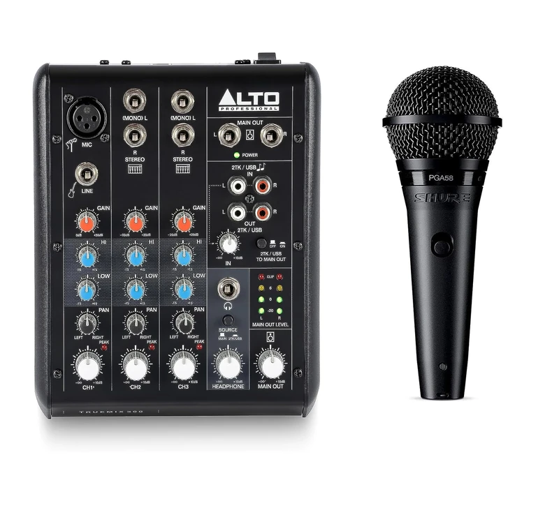 Shure PGA58 Dynamic Microphone for Vocals with Cardioid Pick-Up Pattern, Discrete On/Off Switch, 15' XLR-to-QTR Cable and Alto TrueMix 500 5-In Audio Mixer with XLR Mic In and USB Audio Interface