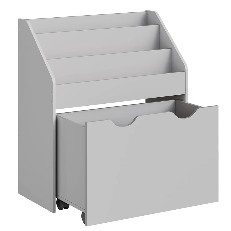 SONGMICS Kids Bookshelf and Toy Organiser, Toy Storage Chest and Bookcase with 3 Shelves, Storage Box with Wheels, Multipurpose, for Children's Room and Playroom, Dove Grey GKR041G10
