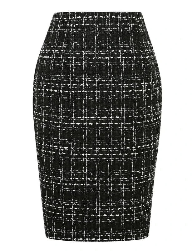 Kinghua Womens Wool Plaid Pencil Skirt Fall Winter High Waisted Slit Bodycon Knee Length Midi Skirt, Tweed Black, M