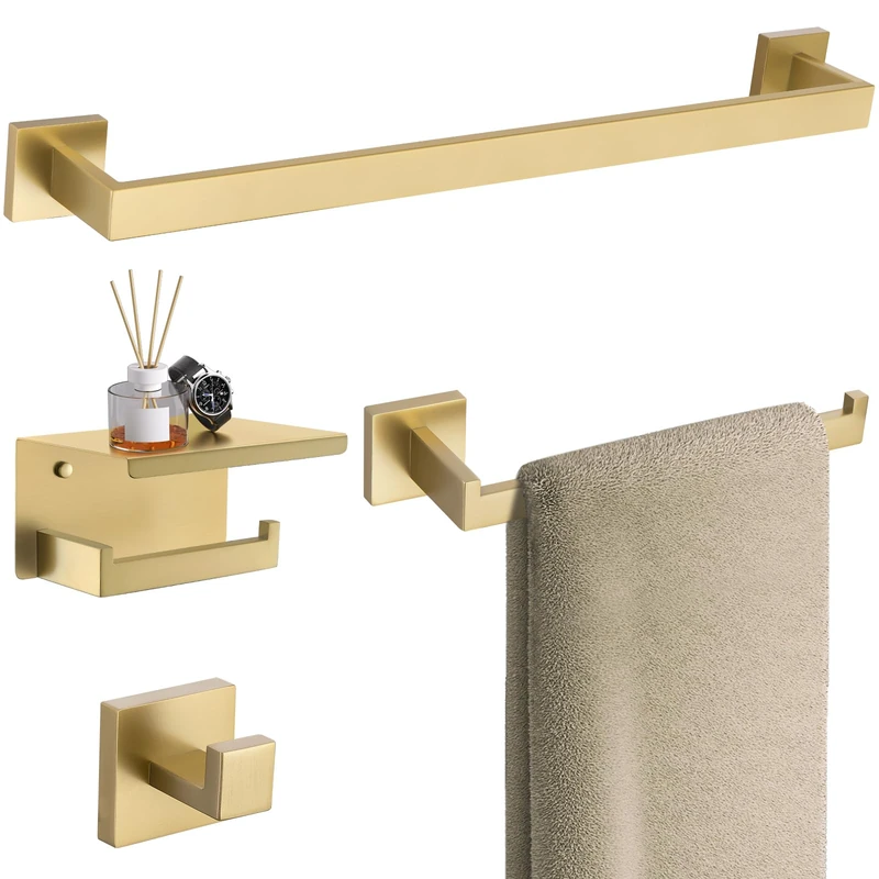 TURS Brushed Gold Bathroom Hardware Set 4-Piece Bath Towel Bar Set 24 Inch Stainless Steel Towel Rack Set for Bathroom Wall Mounted