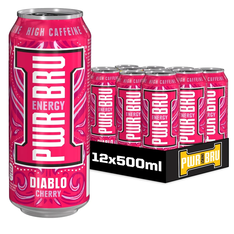 PWR-BRU Diablo Cherry 12 Pack Big Can Energy Drink with High Caffeine, Taurine and Vitamins - 12 x 500ml Cans