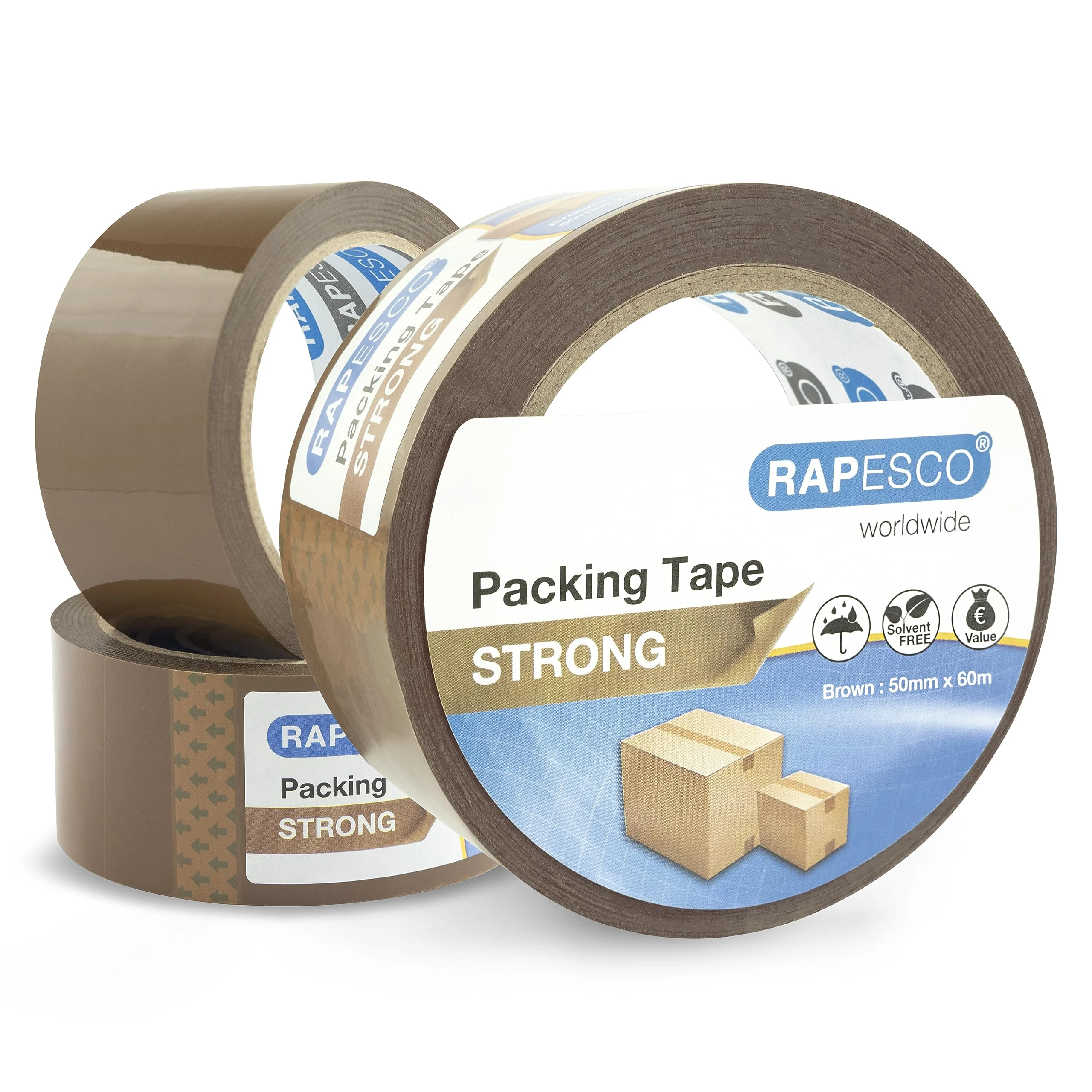 Rapesco 1750 Strong Packing Tape 50mm x 60m, Brown, Pack of 3