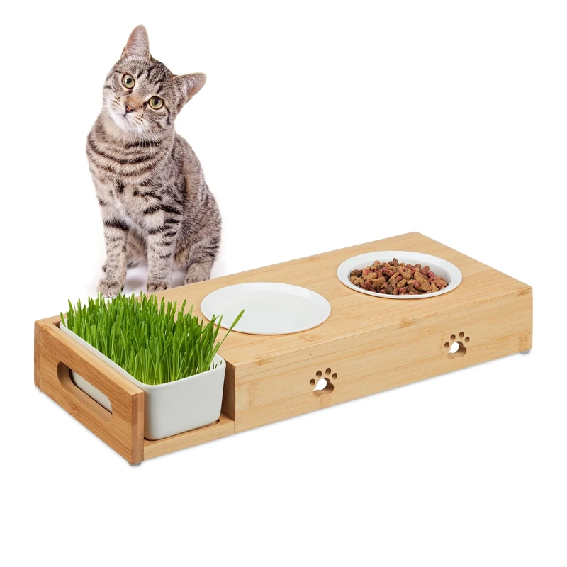Relaxdays Cat Feeding Station, with Pet Grass, 2 Ceramic Bowls 250 ml each, Dishwasher Safe, Stand, Natural/White, Bamboo, 6.5 x 44 x 18 cm