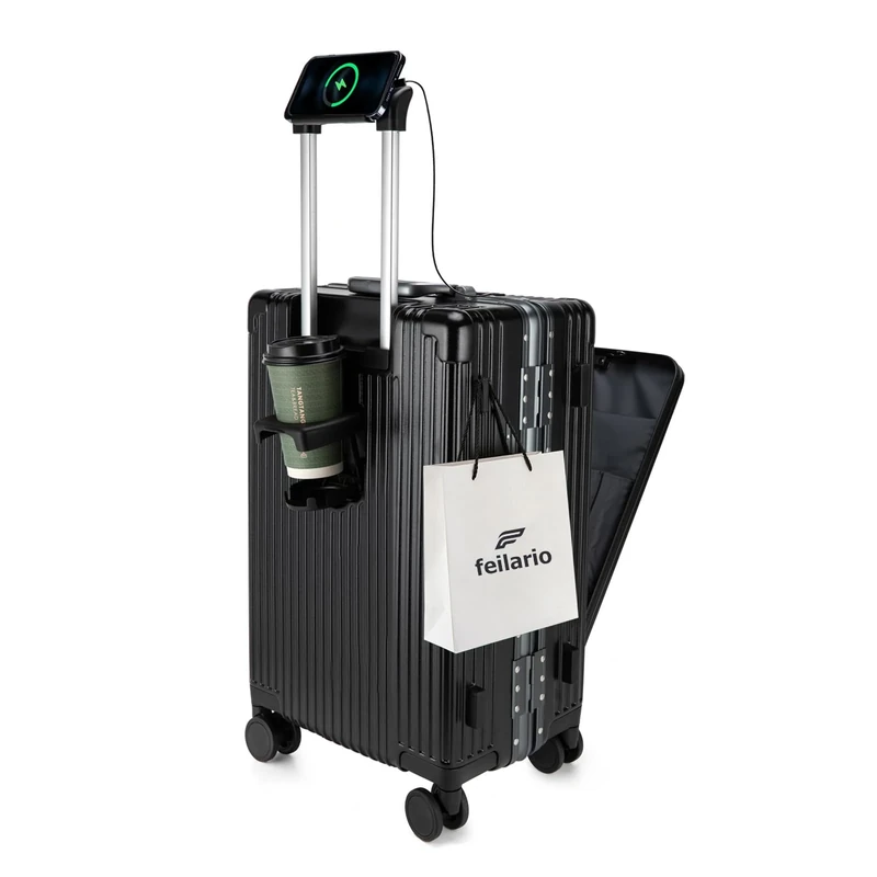 feilario Aluminium Frame Hardside Expandable Spinner Wheel Luggage, Built-in TSA Lock Carry on Suitcase, with Cup Holder & Phone Holder - - in 18in/20in/24in Sizes, Black, 20 inches, Business