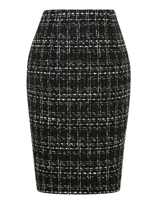 IDEALSANXUN Midi Plaid Skirts for Women 2024 Fall Winter Knee Length Pencil Wool Skirt with Slit, Tweed Black, L
