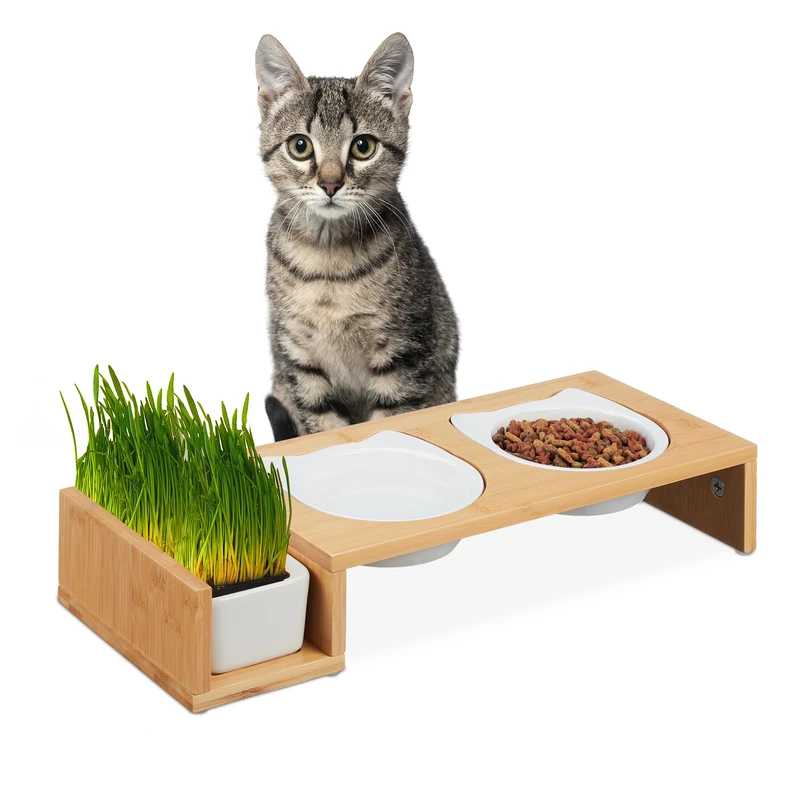 Relaxdays Cat Feeding Station, with Pet Grass, 2 Ceramic Bowls 400 ml each, Dishwasher Safe, Stand, Natural/White, Bamboo, 8.5 x 47.5 x 19 cm