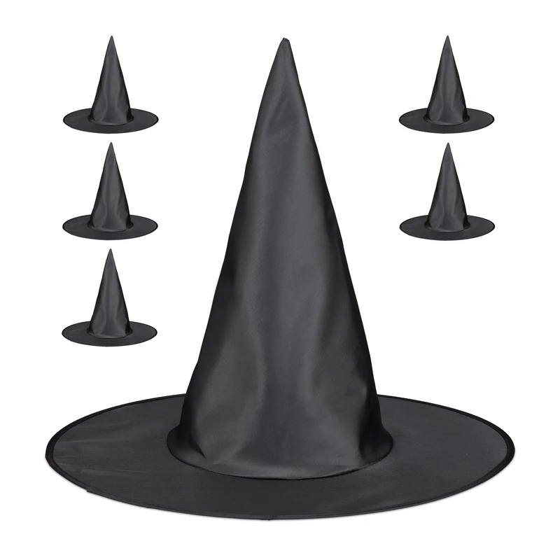Relaxdays Witch Hat, Set of 6, Pointed, Costume, Halloween, Fancy Dress, Carnival, Ghoul, Magician, Wizard, Magic, Black, Polyester, 34 x 38 x 38 cm