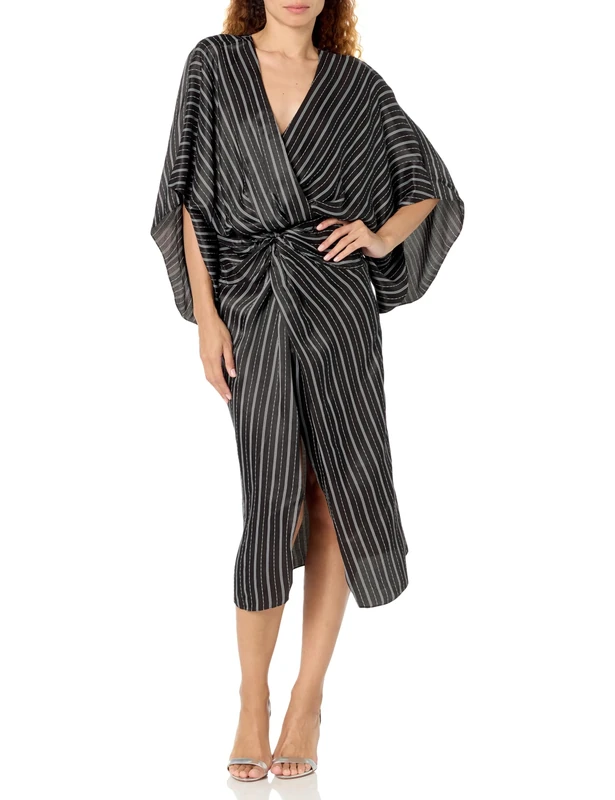 Ramy Brook Allyson Striped Midi Dress - V Neck, Short Sleeve, Black