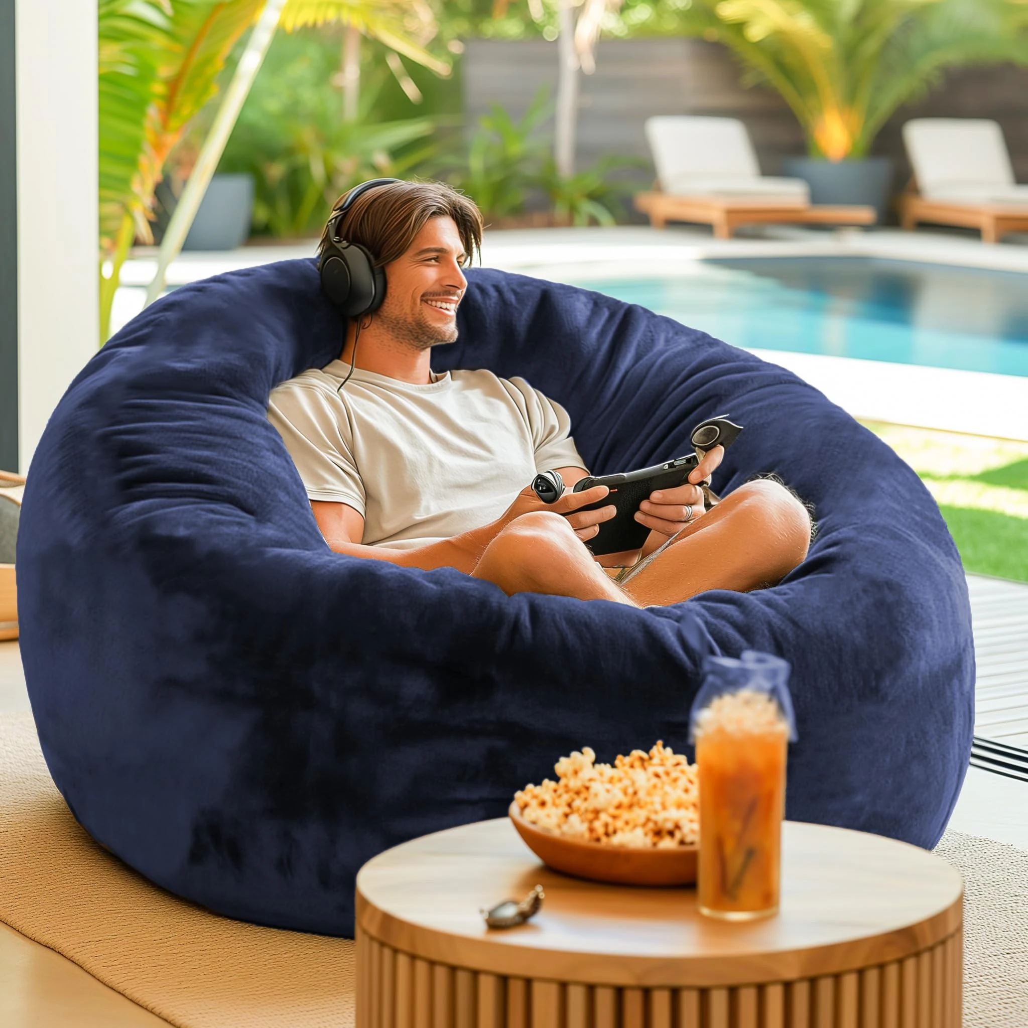 Codi Bean Bag Chair with Filler Included, 4 FT - Comfy Large Beanbag Chairs for Adults, Memory Foam Added - Machine Washable and Soft Mink Bonded Cover - Blue, 4ft