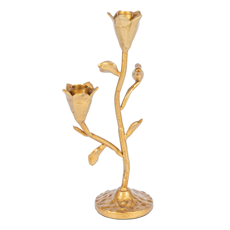 Creative Co-Op Hand-Forged Cast Iron Candelabra with Flowers and Bird, Holds 2, Gold Taper Holder