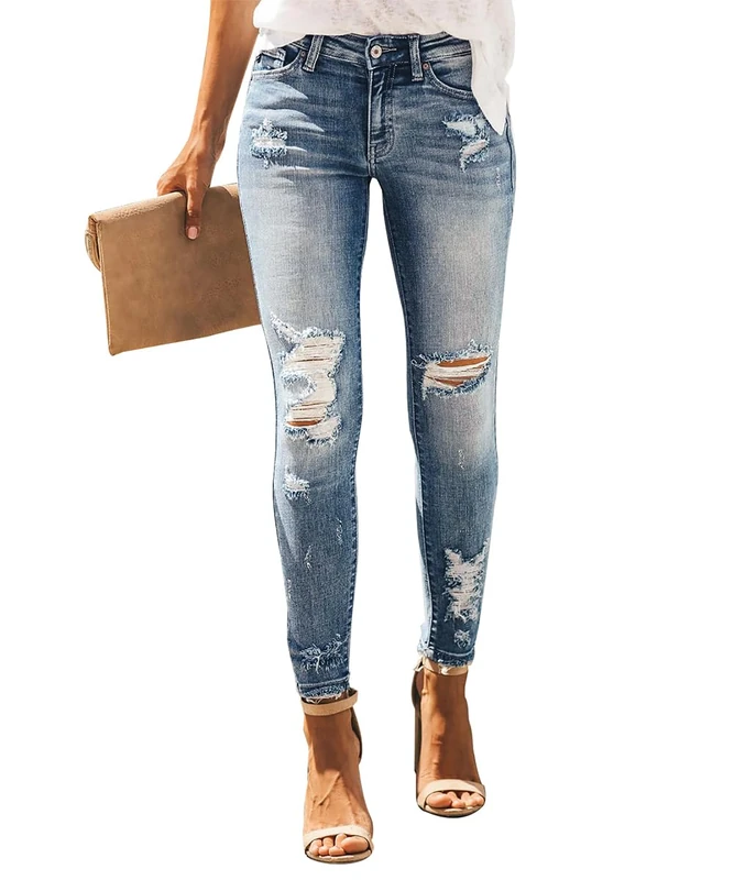 KUNMI Women's Mid Waisted Skinny Ripped Jeans Slim Fit Distressed Stretchy Denim Pants, M001-blue, 12