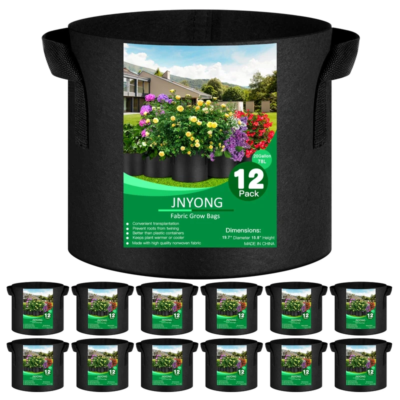 JNYONG NYONG 12-Pack 20 Gallon Thickened Non-Woven Grow Bags, Aeration Fabric Pots with Handles（Black）