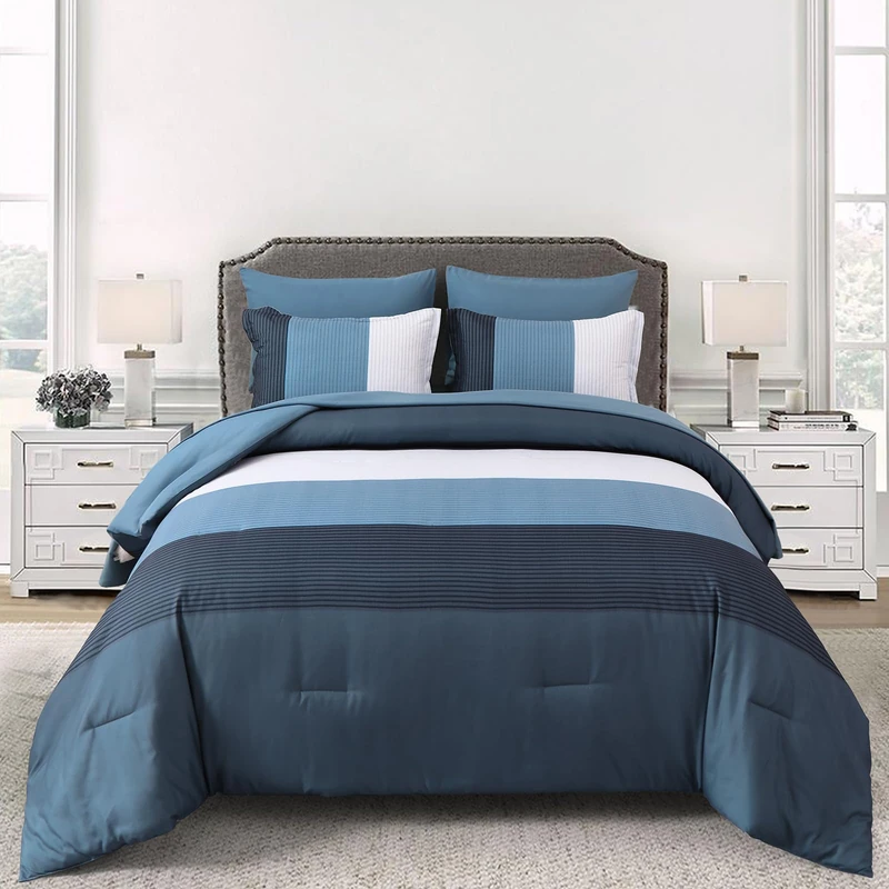 Anibedding Navy Blue Queen Bed in a Bag Comforter Set 7 Pieces Navy Striped Patchwork Bedding Set for Queen Bed, Soft Microfiber Reversible Down Alternative Complete Comforter with Sheet Set