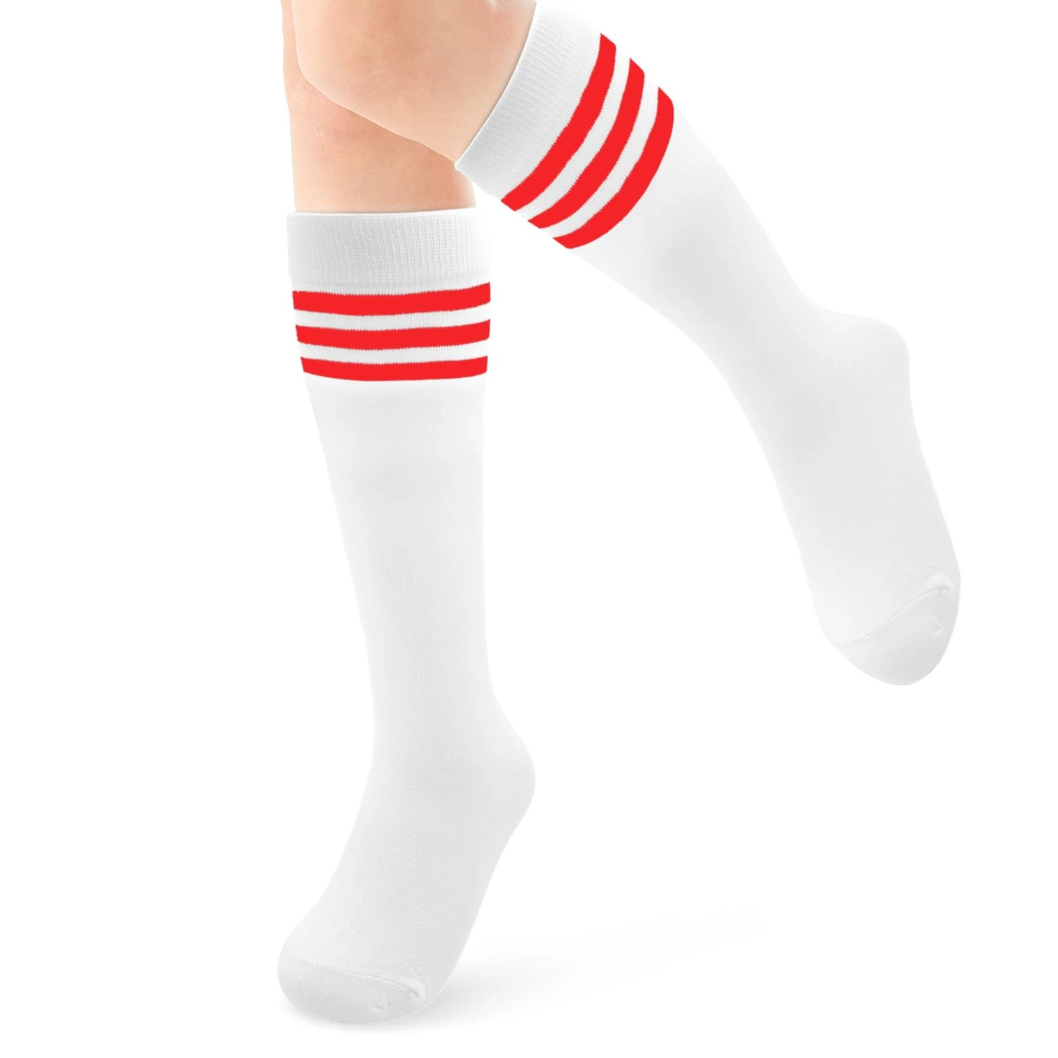 ALLY-MAGIC Knee High Socks, Casual Thigh High Socks White Black Striped Boot Socks, 3 Striped Long Tube Stockings for Women Girls Daily Wear Y7TWGXW (red)
