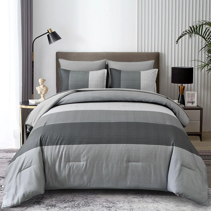 7 Pieces Grey Striped Comforter King Size - Ombre Grey Bed in a Bag Bedding Comforters Set, All Season Microfiber Complete Bedding Set with Flat/Fitted Sheet, Pillowcases and Pillow Shams
