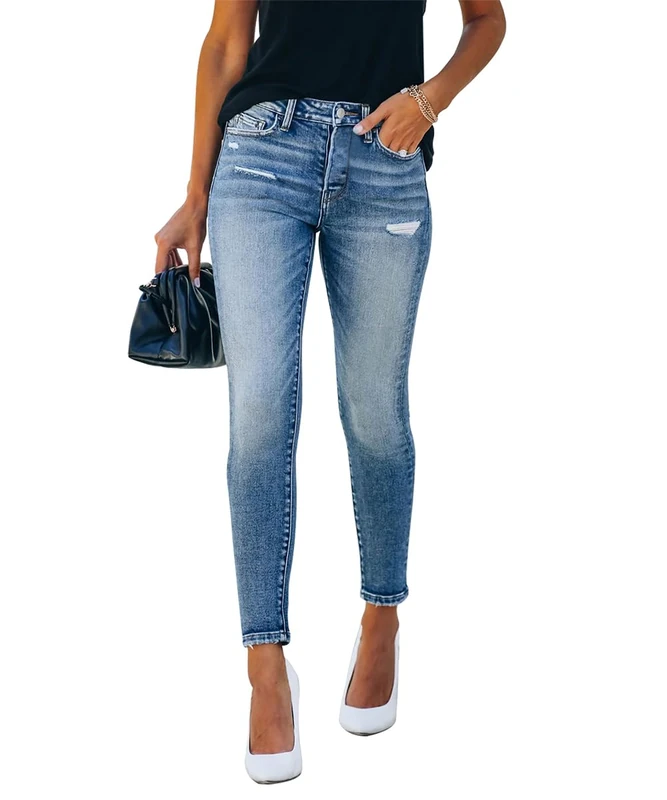 KUNMI Women's Mid Waisted Skinny Ripped Jeans Slim Fit Distressed Stretchy Denim Pants, M003-blue, 16 - Image 1