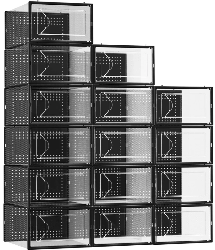 Foluck Black Shoe Storage Box, Clear Plastic Stackable Shoe Organizer for Closet, Interlocking Design Shoe Container Bins for Sneakers, Foldable Shoe Rack with Lids for Space Saving, 15 Pack
