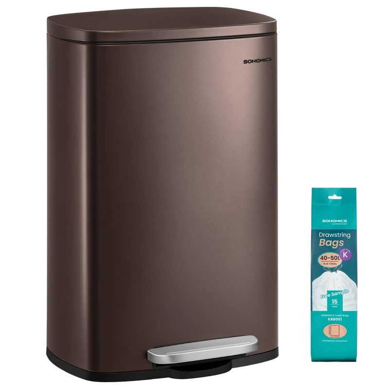 SONGMICS Kitchen Bin 13 Gallon (50 L), Pedal Bin for Kitchen, Rubbish Bin, Soft Close, Step-On Pedal, Steel, Inner Bucket, Brown LTB50BR02