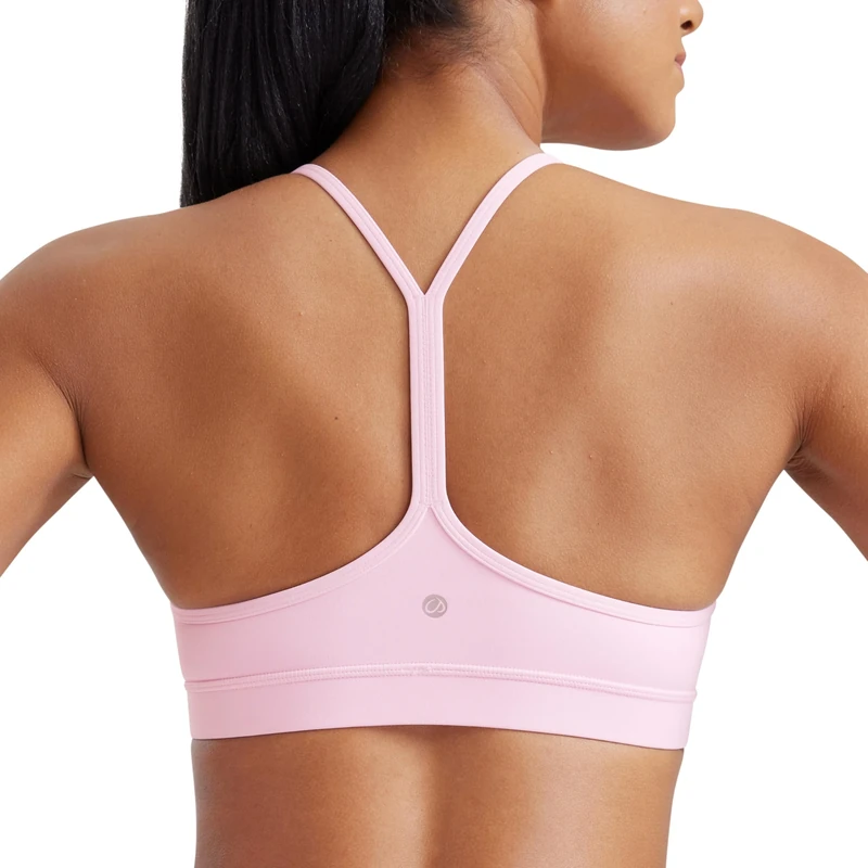 CRZ YOGA Women's Butterluxe Padded Sports Bra - Low Impact Y Back Strappy Bra Racerback Spaghetti Straps Gym Yoga Bras Pink Peony M