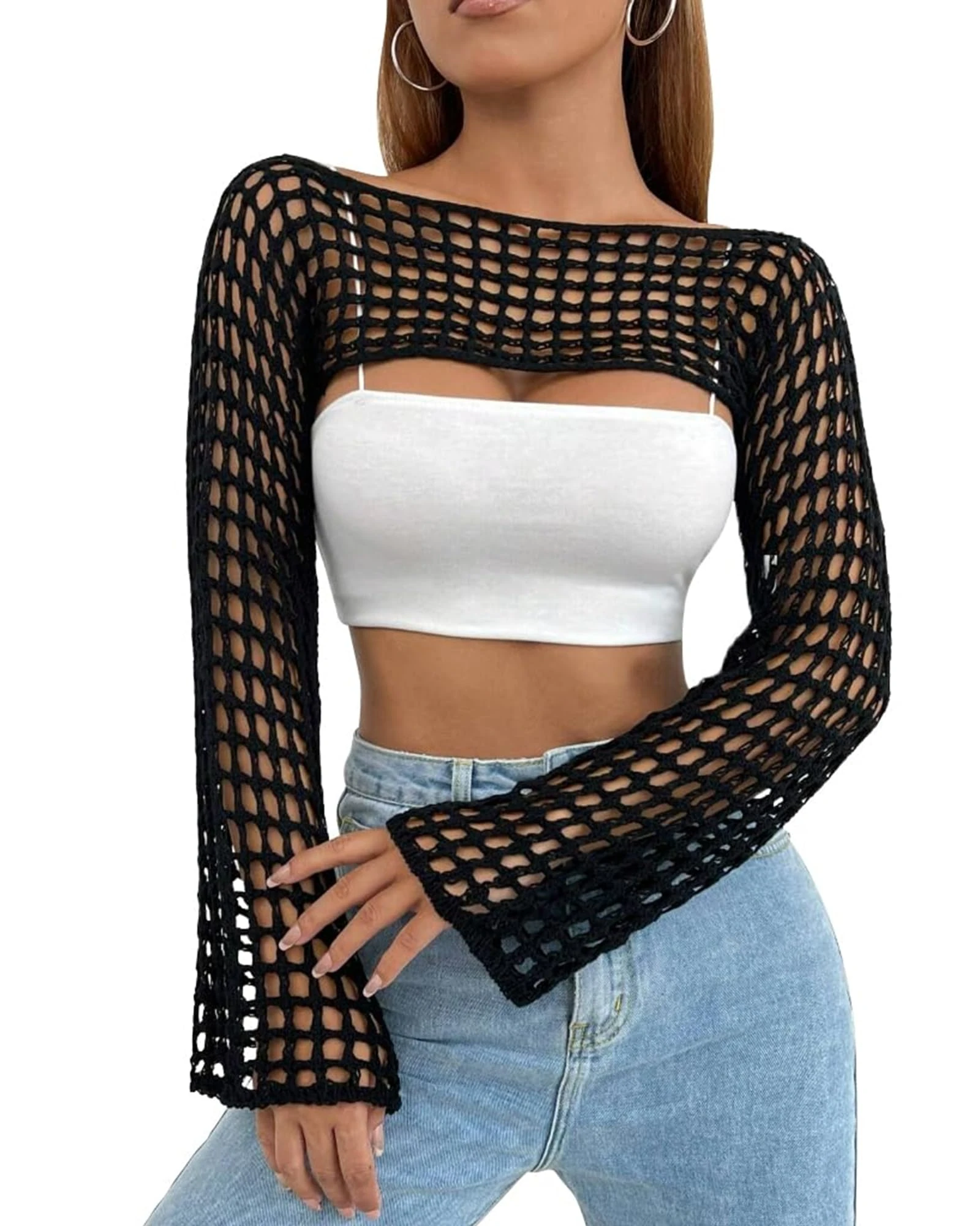CAMNOW Womens Crochet Crop Tops Y2k Knit Shrug Sweater Hollow Out Long Sleeve Bikini See Through Cover Ups, Black, Large