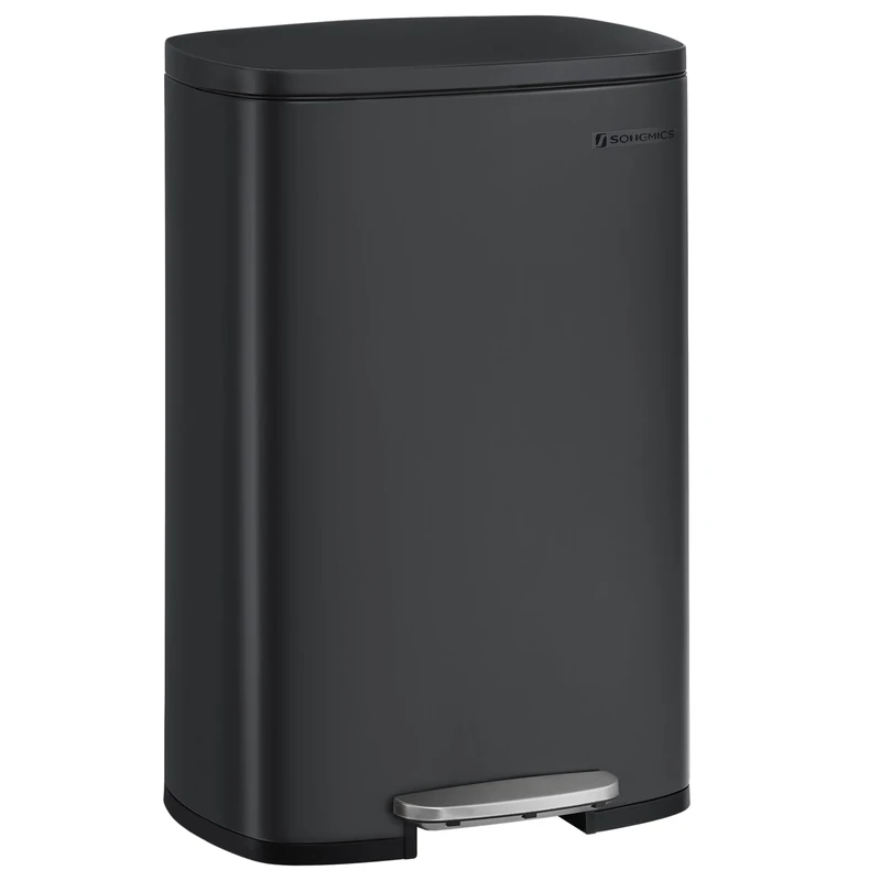 SONGMICS Kitchen Bin 13 Gallon (50 L), Pedal Rubbish Bin, Soft Close, Step-On Pedal, Steel, Inner Bucket, Black LTB050B02