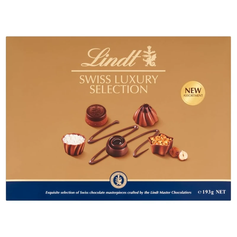 Lindt Swiss Luxury Selection – 193g Medium Gift Box – 19 Assorted Milk, Dark & White Chocolates – Valentines Day, Mothers Day, Easter, Gift for Him & Her