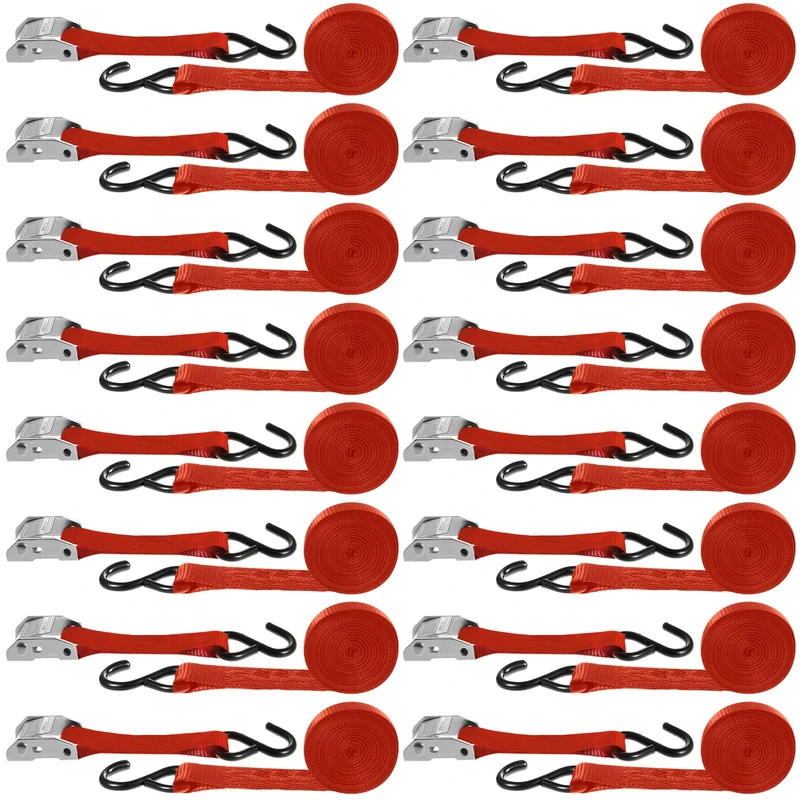 16 Pcs Cambuckle Tie Down Straps 1763lbs Break Strength Securing Straps 1'' x 15 ft Cambuckle Tie Downs with S Hook for Motorcycle, Kayak, Car, Truck, Boat Moving, Securing Cargo(Red)