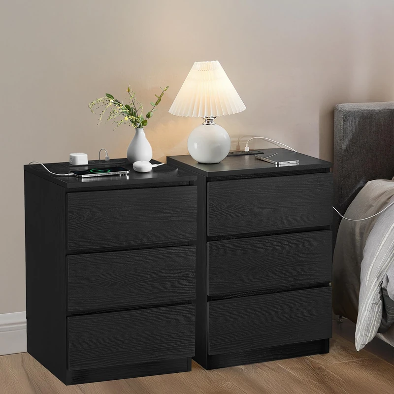 VASAGLE KAILYN Collection - Bedside Tables with Power Strip, Set of 2 Side End Tables with Drawers, 2 AC Outlets, 2 USB Ports, for Living Room, Bedroom, Study, Ebony Black LET831B57