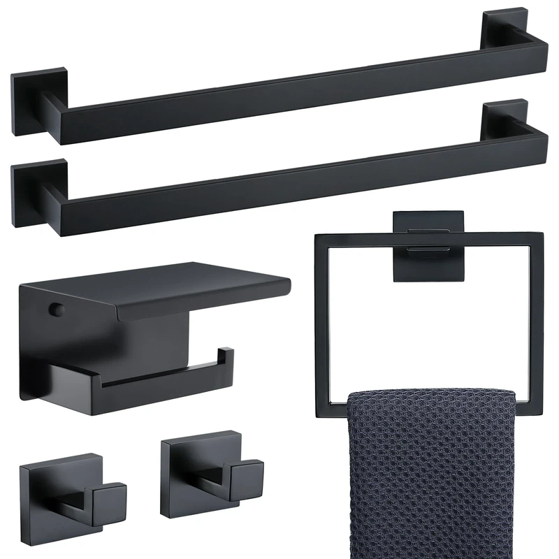 TNOMS 6-Piece Black Bathroom Hardware Set 23.6 Inch Towel Bar Set Double Towel Bar Towel Ring Coat Hook and Toilet Paper Holder with Shelf Wall Mounted Stainless Steel Bathroom Accessories Set