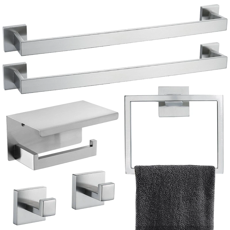 Brushed Nickel Bathroom Towel Bar Set Bathroom Accessories Hardware Set Including Double Towel Bar Towel Ring Coat Hook and Toilet Paper Holder with Shelf. Wall Mounted Stainless Steel