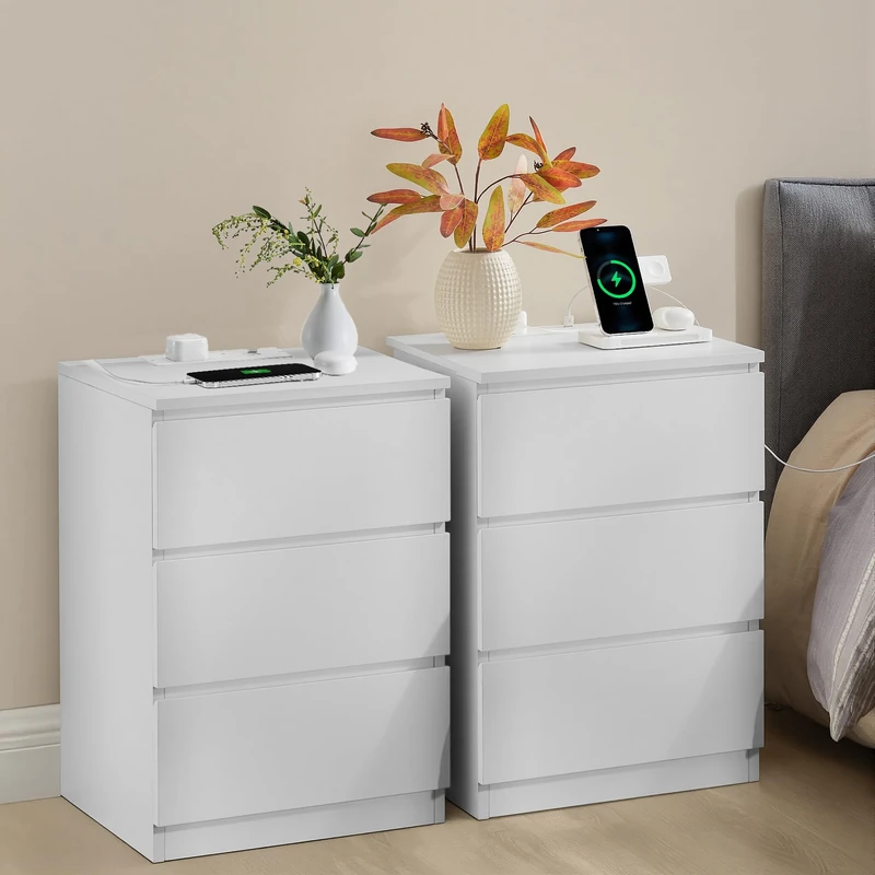 VASAGLE KAILYN Set of 2 Bedside Tables with Power Strip - White