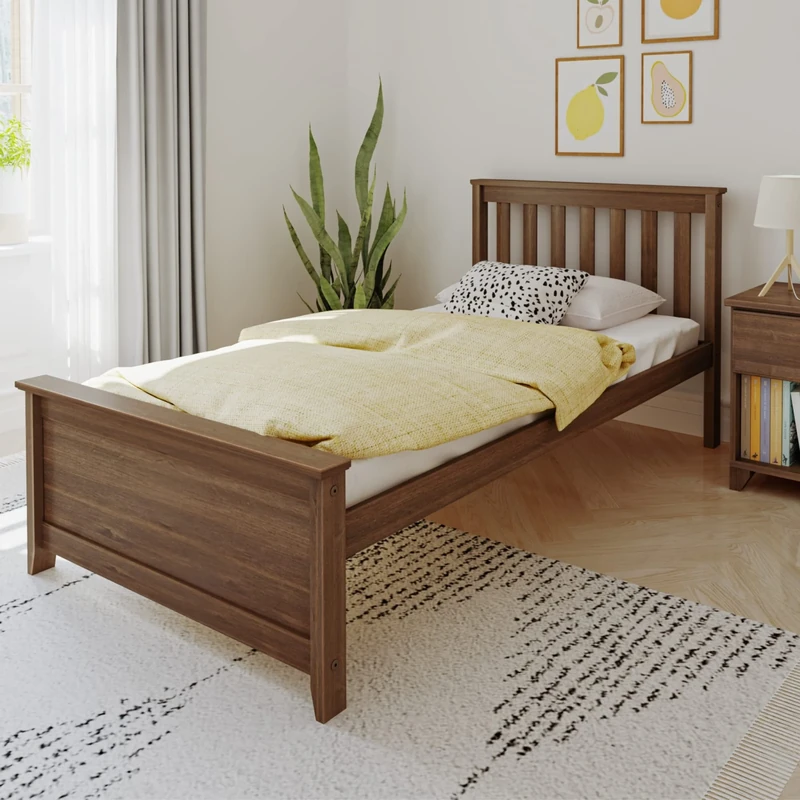 Max and Lily Single Bed, Wood Bed Frame with Headboard For Kids, Slatted, Walnut