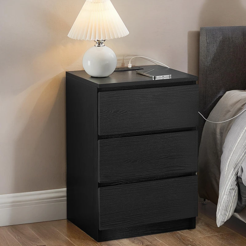 VASAGLE KAILYN Collection - Bedside Table with Power Strip, Side End Table with Drawers, 2 AC Outlets, 2 USB Ports, for Living Room, Bedroom, Study, Ebony Black LET631B57