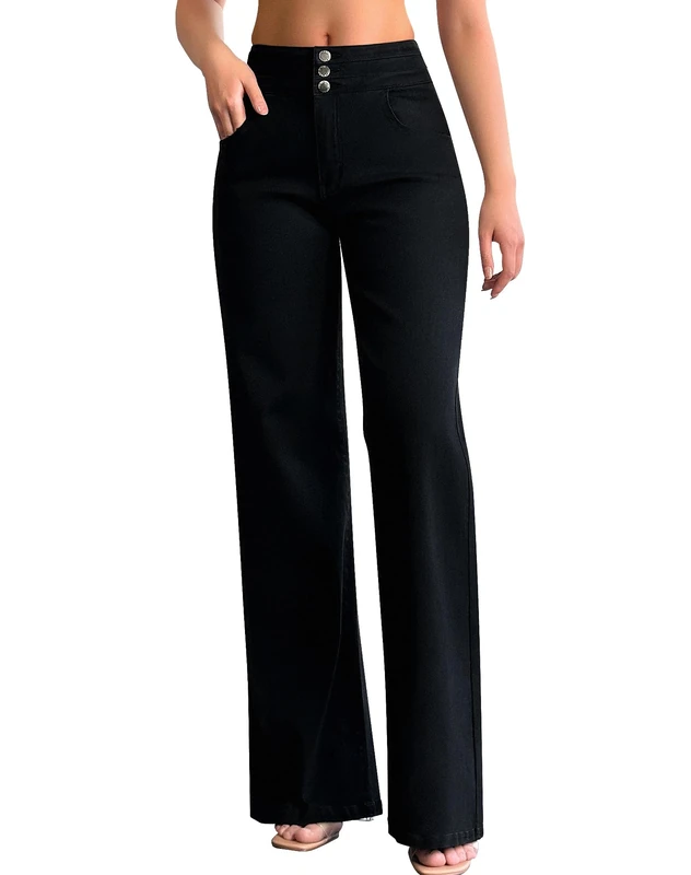 roswear Women's Wide Leg Jeans Casual High Waisted Stretch Baggy Loose Denim Pants, Black, XL