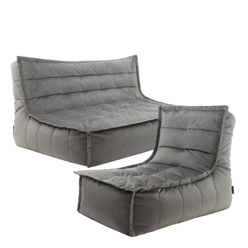 icon Kota Velvet Bean Bag Sofa and Dolce Chair, Charcoal Grey, Floor 2 Seater Sofa, Large Adult Bean Bag with Filling Included, Living Room, Living Room Furniture