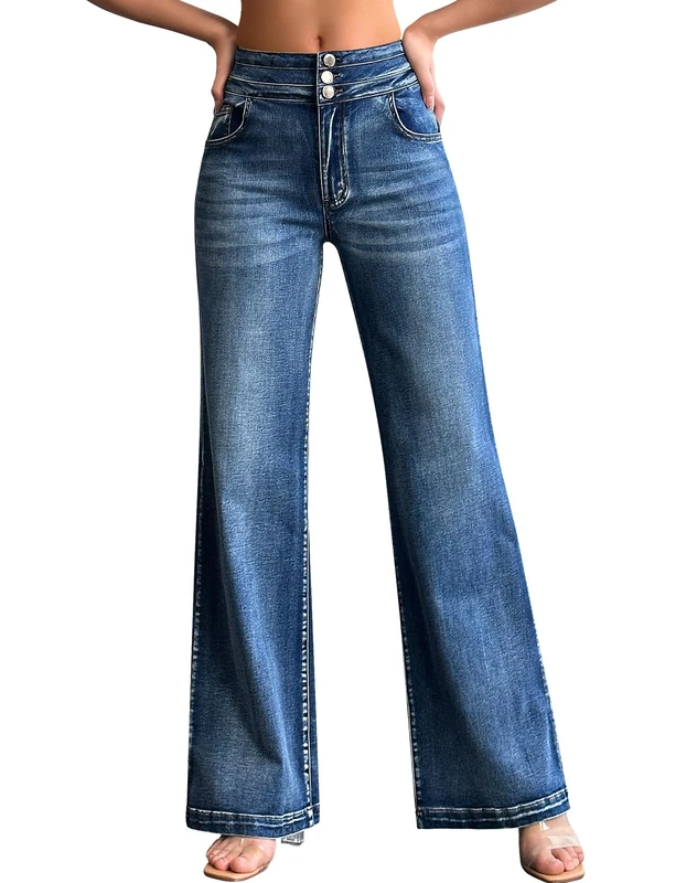roswear Women’s Wide Leg Jeans Casual High Waisted Stretch Baggy Loose Denim Pants, 104 Blue, M