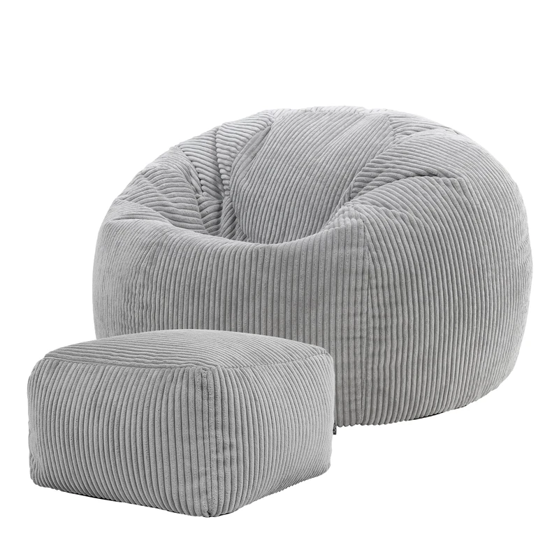 icon Kingston Cord Bean Bag with Footstool, Grey, Large Adult Bean Bag Chair with Filling Included, Comfy Chair, Pouffe Footstool, Living Room Furniture, Bedroom Furniture