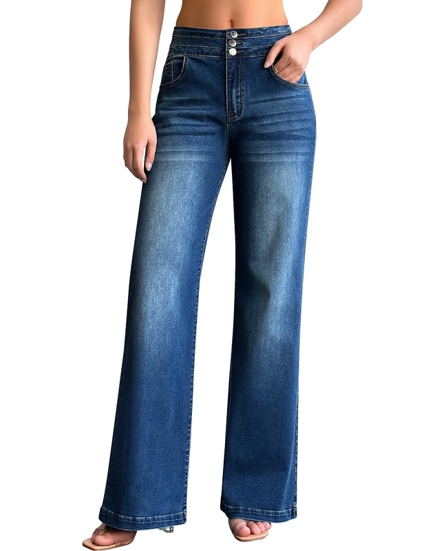roswear Women’s Wide Leg Jeans Casual High Waisted Stretch Baggy Loose Denim Pants, Blue, Large