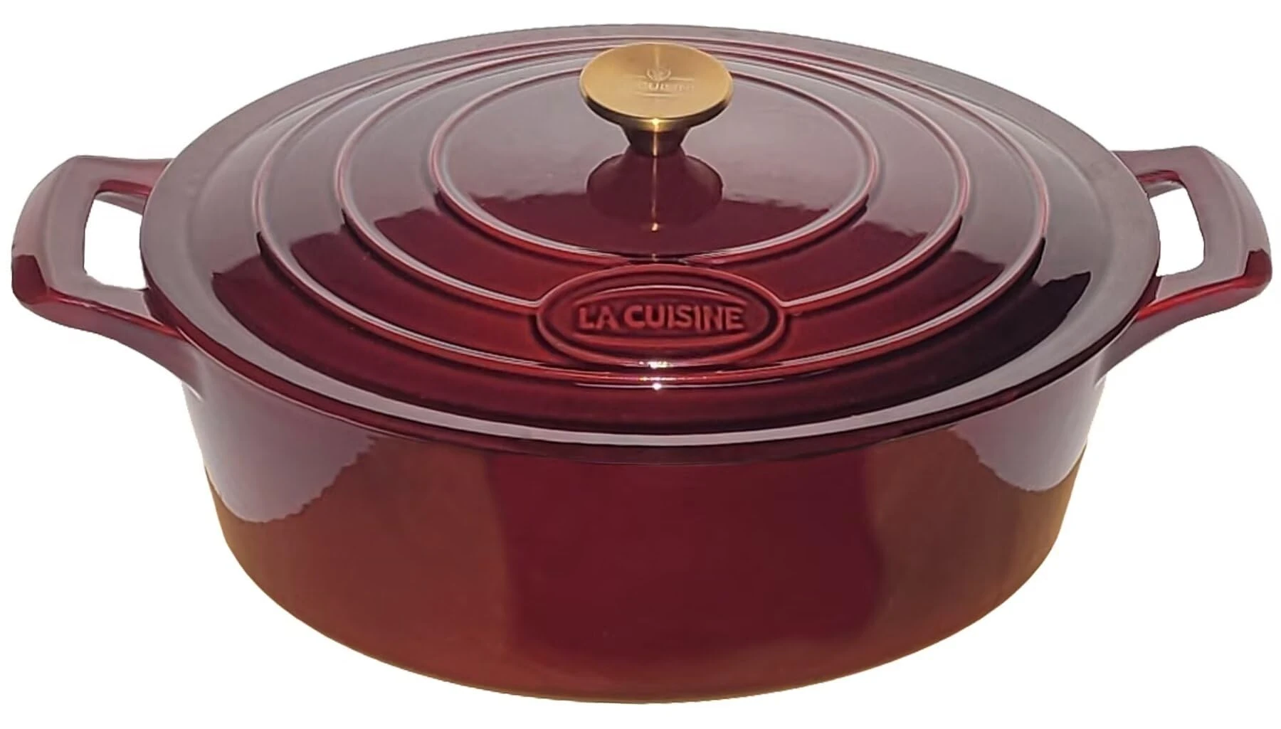 La Cuisine Enameled Cast Iron Oval Casserole Dish, Dutch Oven Pot with Lid, 6.75 QT Internal Matte Black Enamel Coating, Cranberry, Gold-Plated Stainless Steel Lid Handle, Oven Safe