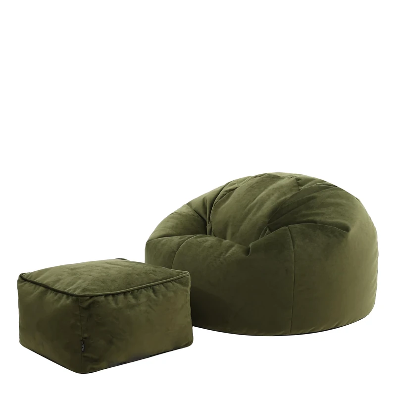 icon Kingston Velvet Bean Bag with Footstool, Olive Green, Large Adult Bean Bag Chair with Filling Included, Accent Chair, Pouffe Footstool, Living Room, Living Room Furniture, Bedroom Furniture