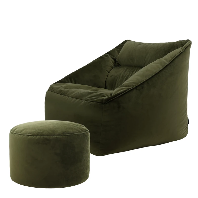 icon Natalia Velvet Bean Bag Chair with Pouffe, Olive Green, Large Adult Bean Bag with Filling Included, Accent Chair, Armchair, Living Room Furniture, Bedroom Furniture