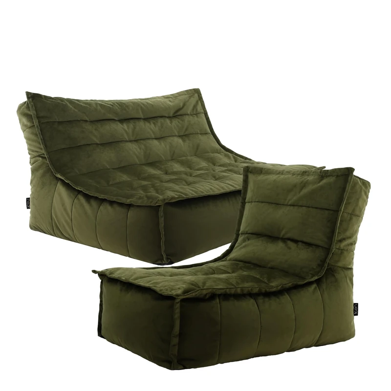 icon Kota Velvet Bean Bag Sofa and Dolce Chair, Olive Green, Floor 2 Seater Sofa, Large Adult Bean Bag with Filling Included, Living Room, Living Room Furniture