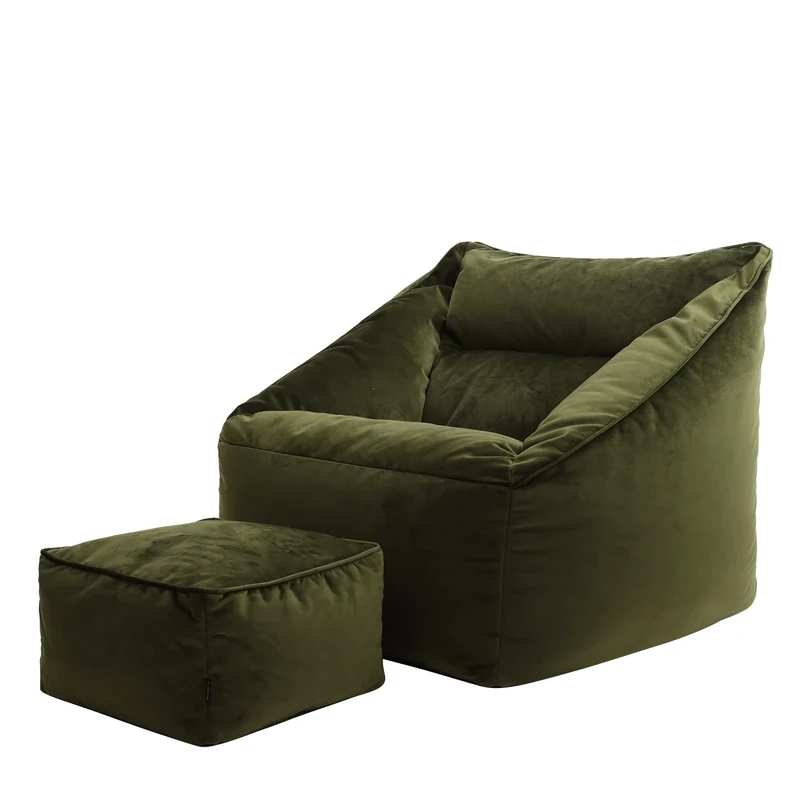 icon Natalia Velvet Bean Bag Chair with Footstool, Olive Green, Large Adult Bean Bag with Filling Included, Accent Chair, Armchair, Living Room Furniture, Bedroom Furniture