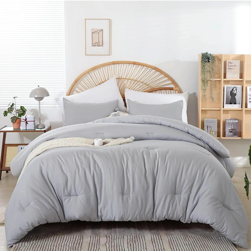 weigelia Light Grey Comforter Set King Size - 3 Pieces Lightweight Grey Solid Bedding Set - All Season Fluffy Microfiber Bed Set (1 Comforter, 2 Pillowcases)