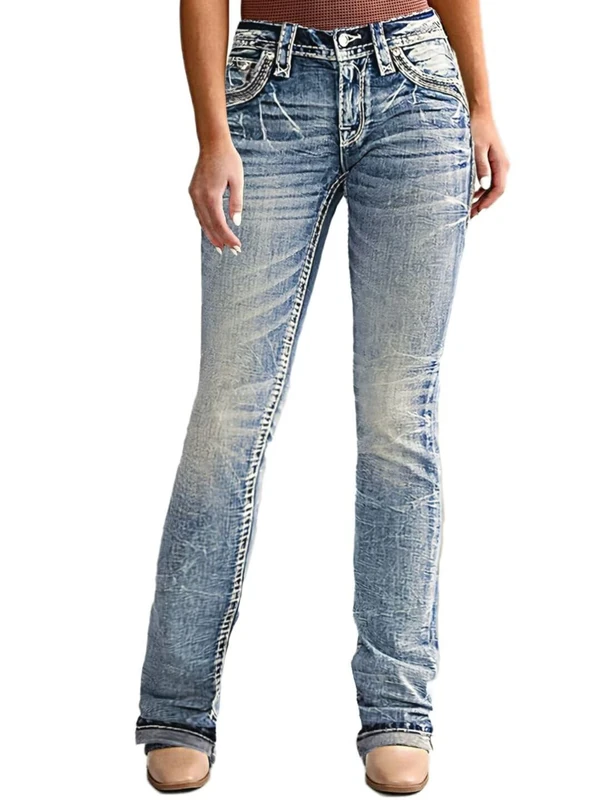 Flamingals Boot Cut Jeans for Women - Trendy Stretch Denim Pants with Butt Lifting and Tummy Control Features, Mid Blue, XXXL
