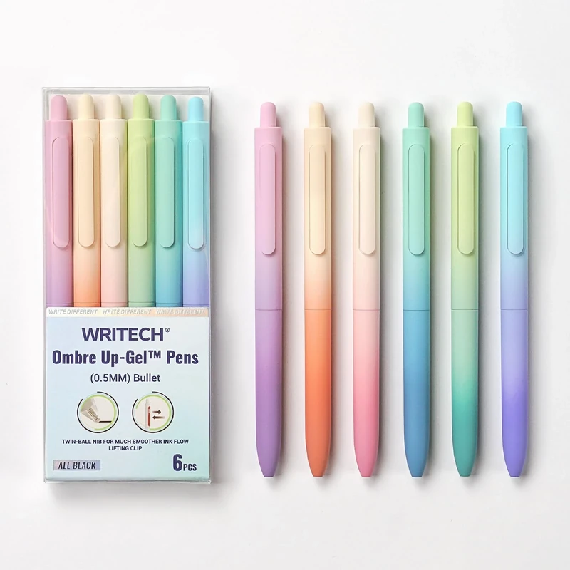 WRITECH Fine Point Gel Pens: 0.5mm Retractable Black Ink 6ct Smooth Writing No Bleed with Aesthetic Gradient Color Pen Barrel for Journaling Note Taking Sketching