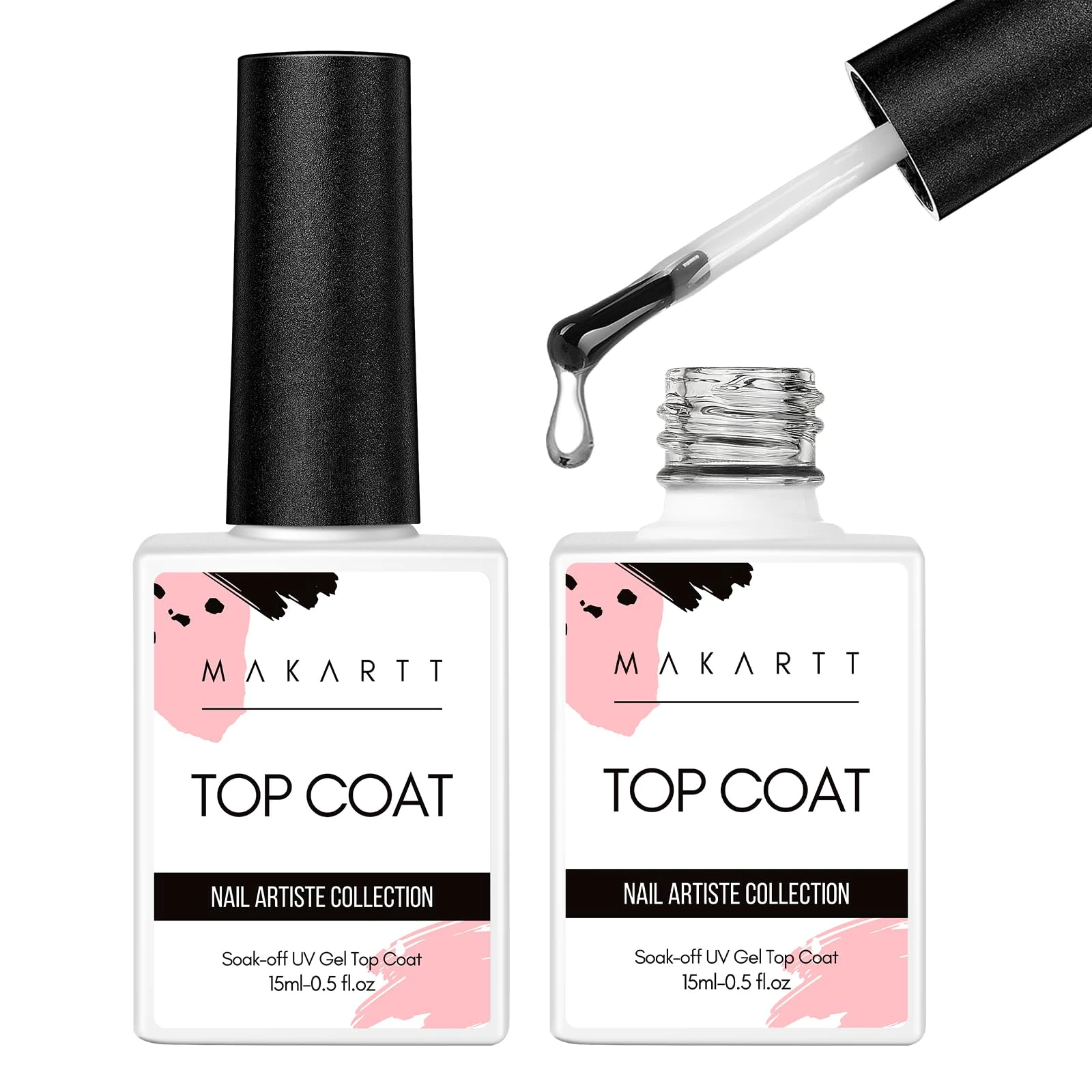 Makartt Gel Nail Polish Top Coat, No Wipe Gel Polish, 2 * 10ml Clear Soak Off Nail Coat Glossy Shine Finish for Long Lasting DIY Nail Salon Manicure Cure Needed