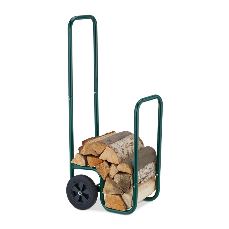 Relaxdays Firewood Cart, Made of Steel, 2 Rubber Wheels, Load Capacity up to 60kg, Transport Wood Pieces, Storage, Green, 109.5 x 41 x 45 cm