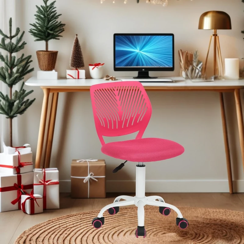 FurnitureR Desk Chair Office Chair Fabric Seat Ergonomic Study Chair without Armrest, Adjustable Height Swivel Chair,PINK R